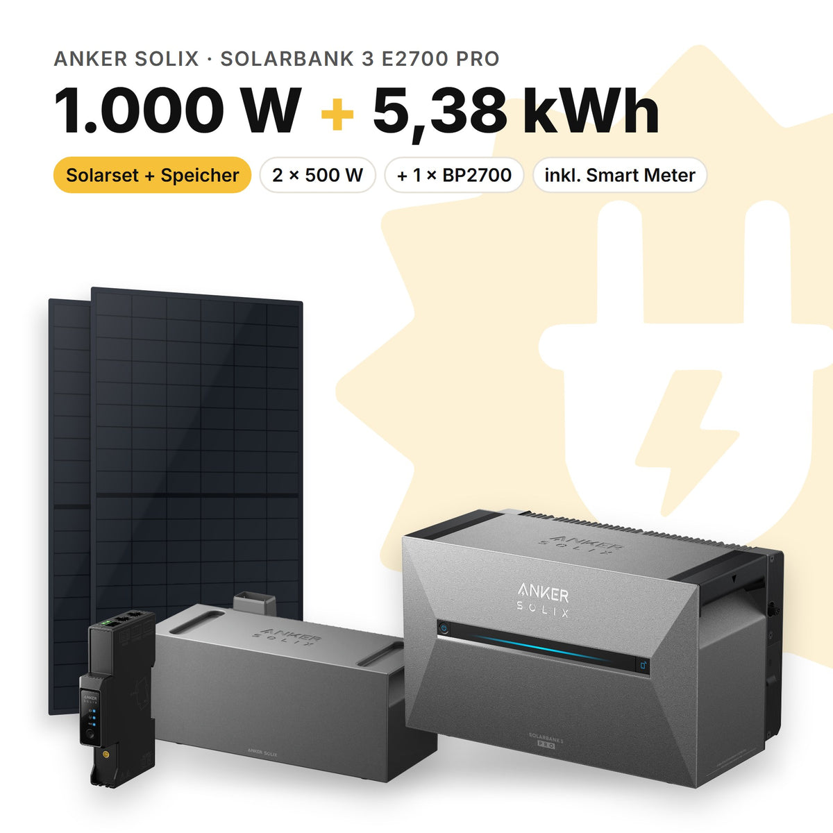 Balkonkraftwerk 1.000 W mit Speicher Anker SOLIX Solarbank 3 E2700 Pro und 1 × BP2700, Smart Meter Anker SOLIX Smart Meter Gen 2: 5,38 kWh (Symbolbild)