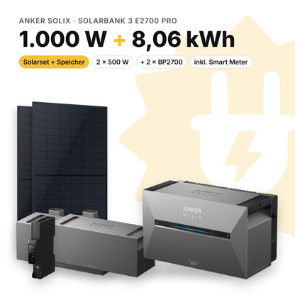 Balkonkraftwerk 1.000 W mit Speicher Anker SOLIX Solarbank 3 E2700 Pro und 2 × BP2700, Smart Meter Anker SOLIX Smart Meter Gen 2: 8,06 kWh (Symbolbild)