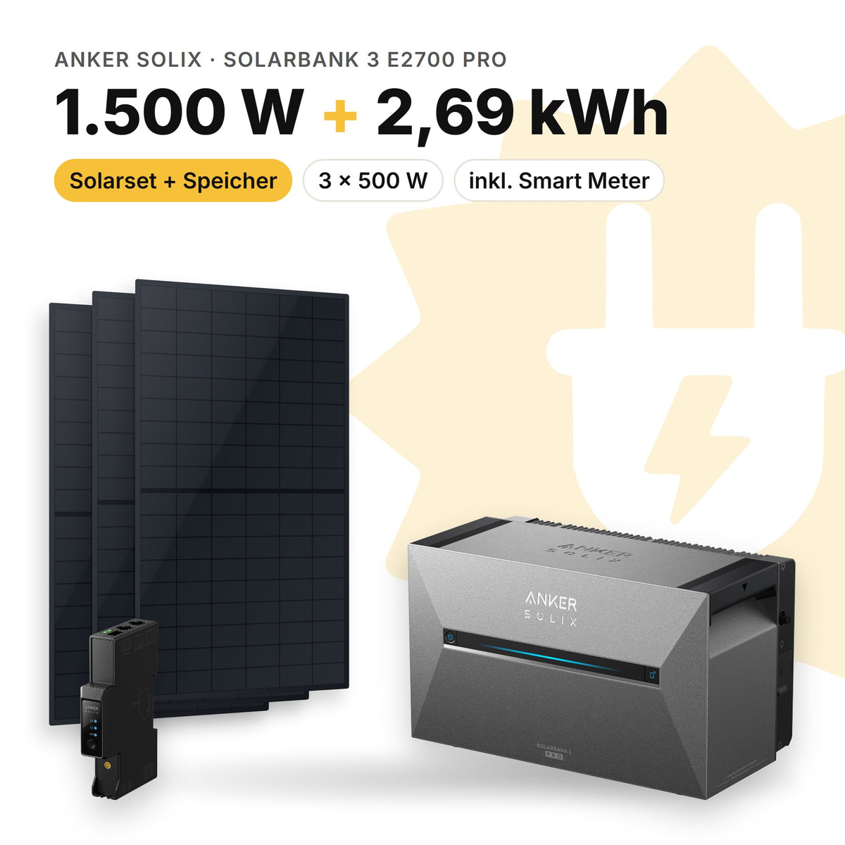 Balkonkraftwerk 1.500 W mit Speicher Anker SOLIX Solarbank 3 E2700 Pro, Smart Meter Anker SOLIX Smart Meter Gen 2: 2,69 kWh (Symbolbild)