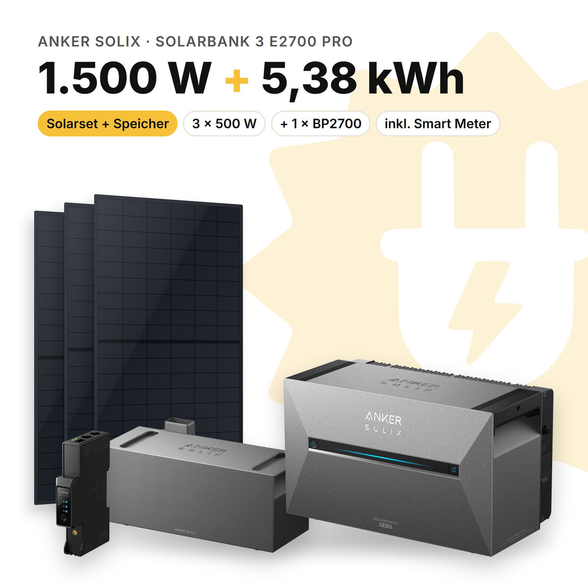 Balkonkraftwerk 1.500 W mit Speicher Anker SOLIX Solarbank 3 E2700 Pro und 1 × BP2700, Smart Meter Anker SOLIX Smart Meter Gen 2: 5,38 kWh (Symbolbild)