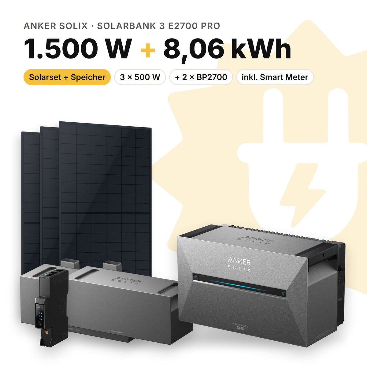 Balkonkraftwerk 1.500 W mit Speicher Anker SOLIX Solarbank 3 E2700 Pro und 2 × BP2700, Smart Meter Anker SOLIX Smart Meter Gen 2: 8,06 kWh (Symbolbild)