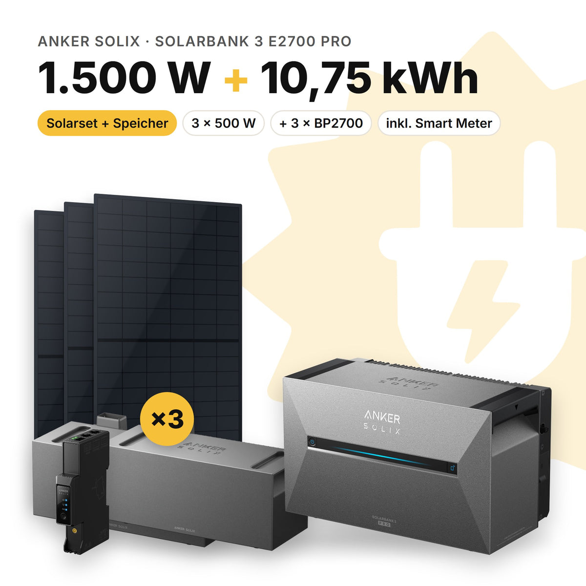 Balkonkraftwerk 1.500 W mit Speicher Anker SOLIX Solarbank 3 E2700 Pro und 3 × BP2700, Smart Meter Anker SOLIX Smart Meter Gen 2: 10,75 kWh (Symbolbild)