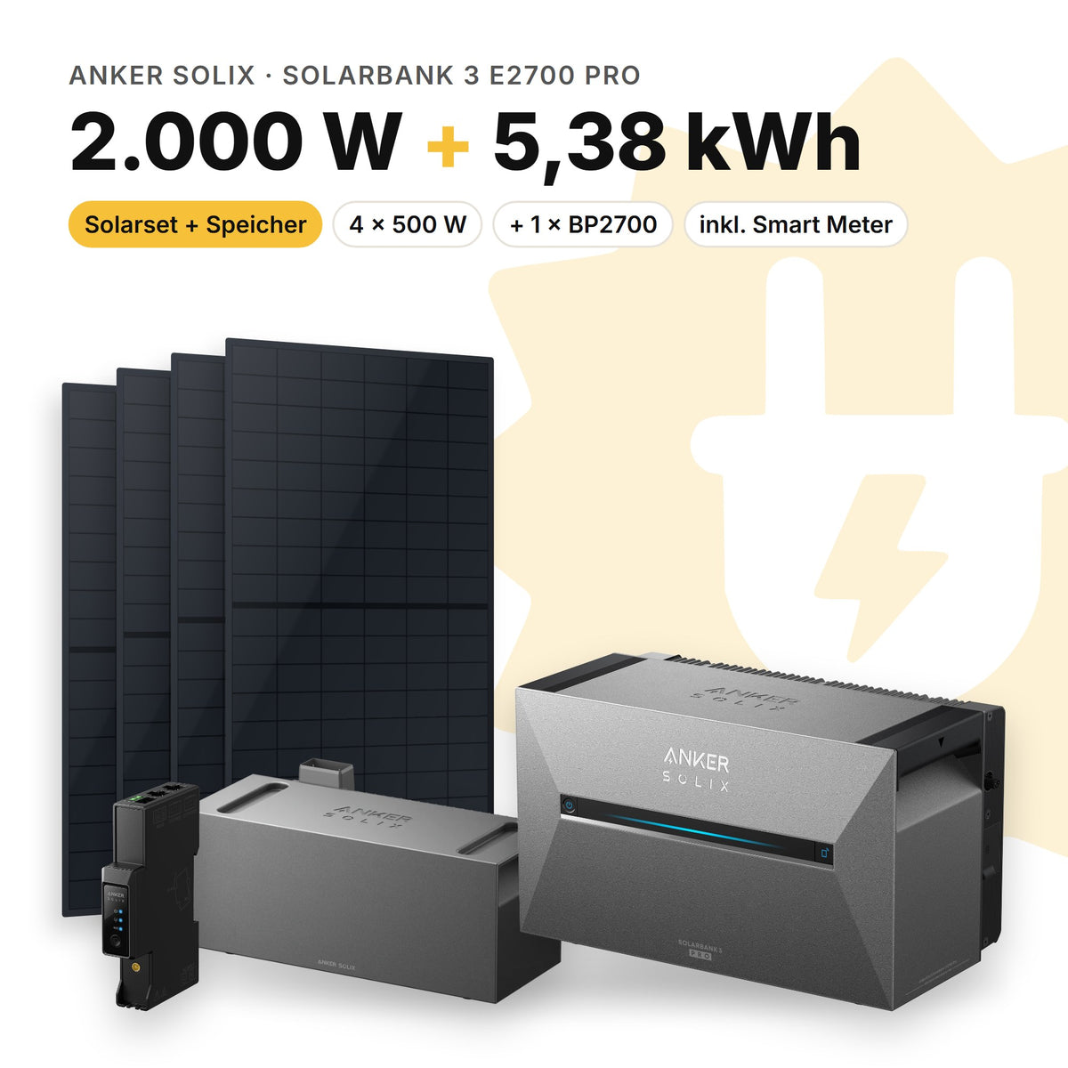 Balkonkraftwerk 2.000 W mit Speicher Anker SOLIX Solarbank 3 E2700 Pro und 1 × BP2700, Smart Meter Anker SOLIX Smart Meter Gen 2: 5,38 kWh (Symbolbild)