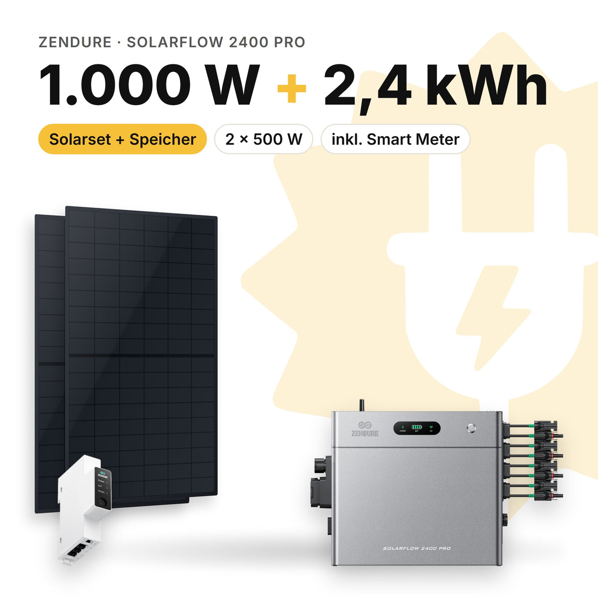 Balkonkraftwerk 1.000 W mit Speicher Zendure SolarFlow 2400 Pro, Smart Meter Zendure Smart Meter 1CT-S: 2,4 kWh (Symbolbild)