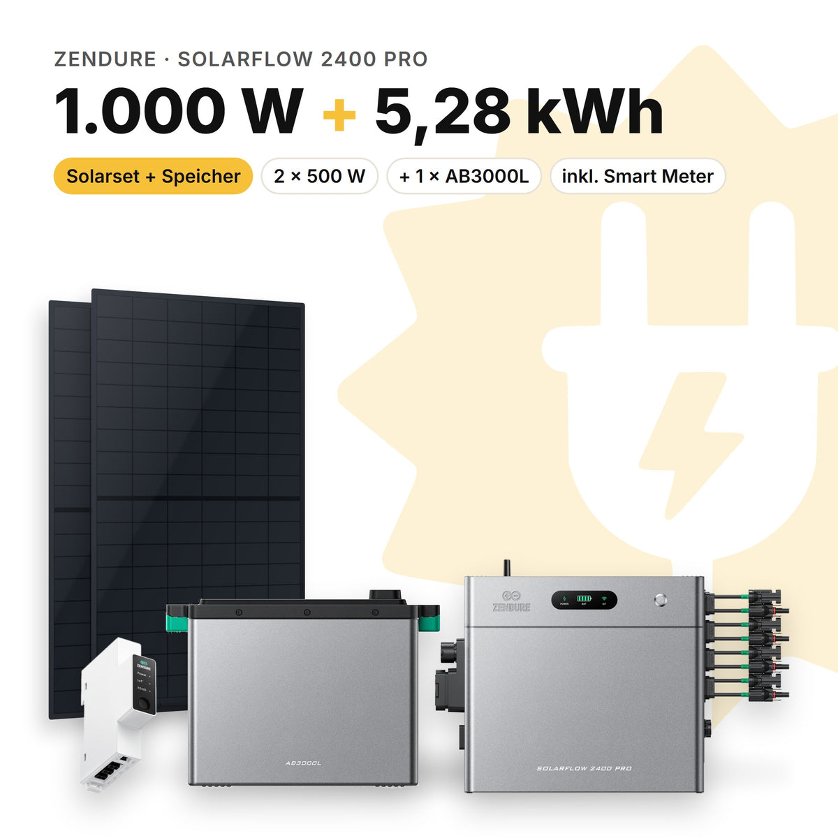 Balkonkraftwerk 1.000 W mit Speicher Zendure SolarFlow 2400 Pro und 1 × AB3000L, Smart Meter Zendure Smart Meter 1CT-S: 5,28 kWh (Symbolbild)
