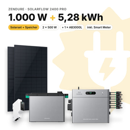 Balkonkraftwerk 1.000 W mit Speicher Zendure SolarFlow 2400 Pro und 1 × AB3000L, Smart Meter Zendure Smart Meter 1CT-S: 5,28 kWh (Symbolbild)
