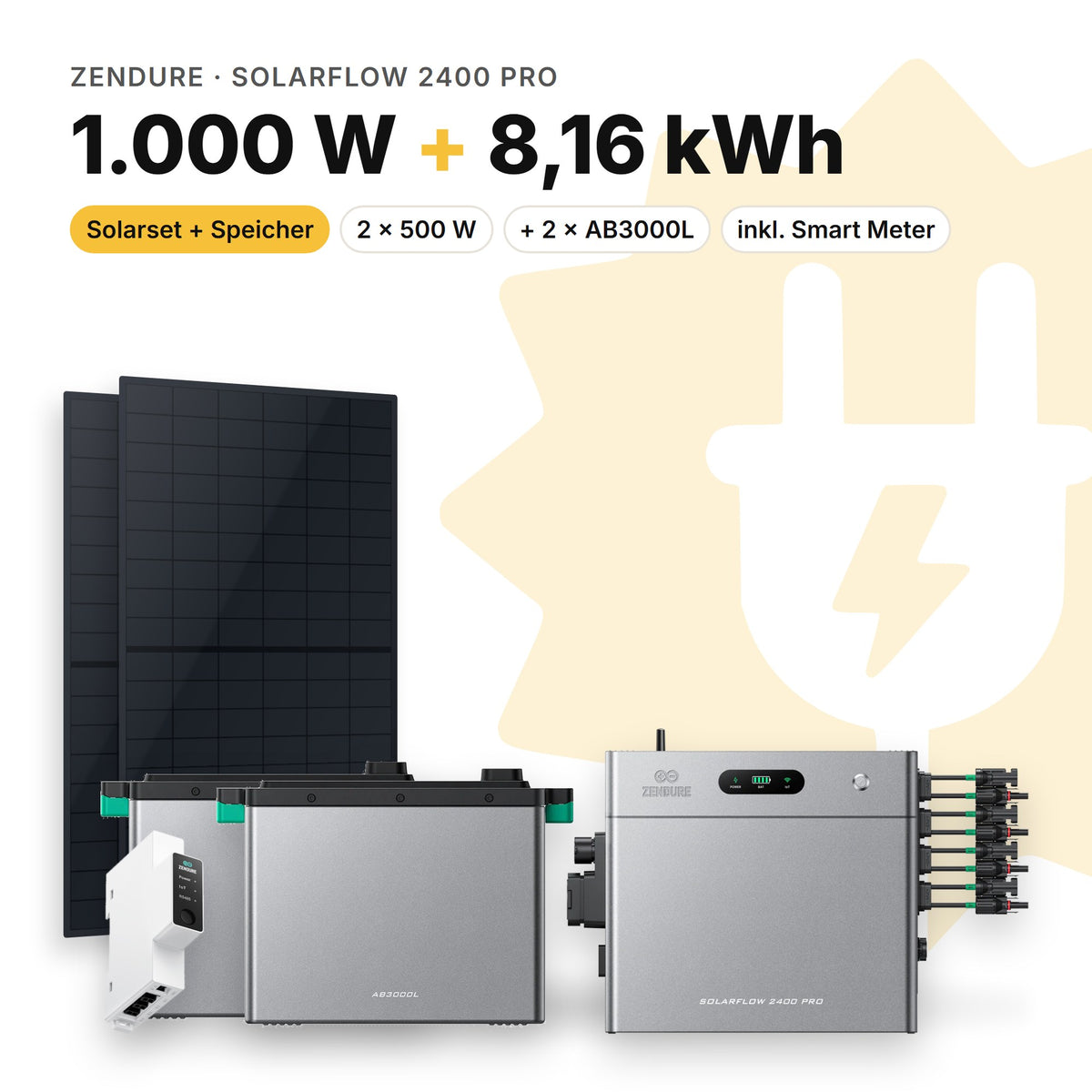 Balkonkraftwerk 1.000 W mit Speicher Zendure SolarFlow 2400 Pro und 2 × AB3000L, Smart Meter Zendure Smart Meter 1CT-S: 8,16 kWh (Symbolbild)