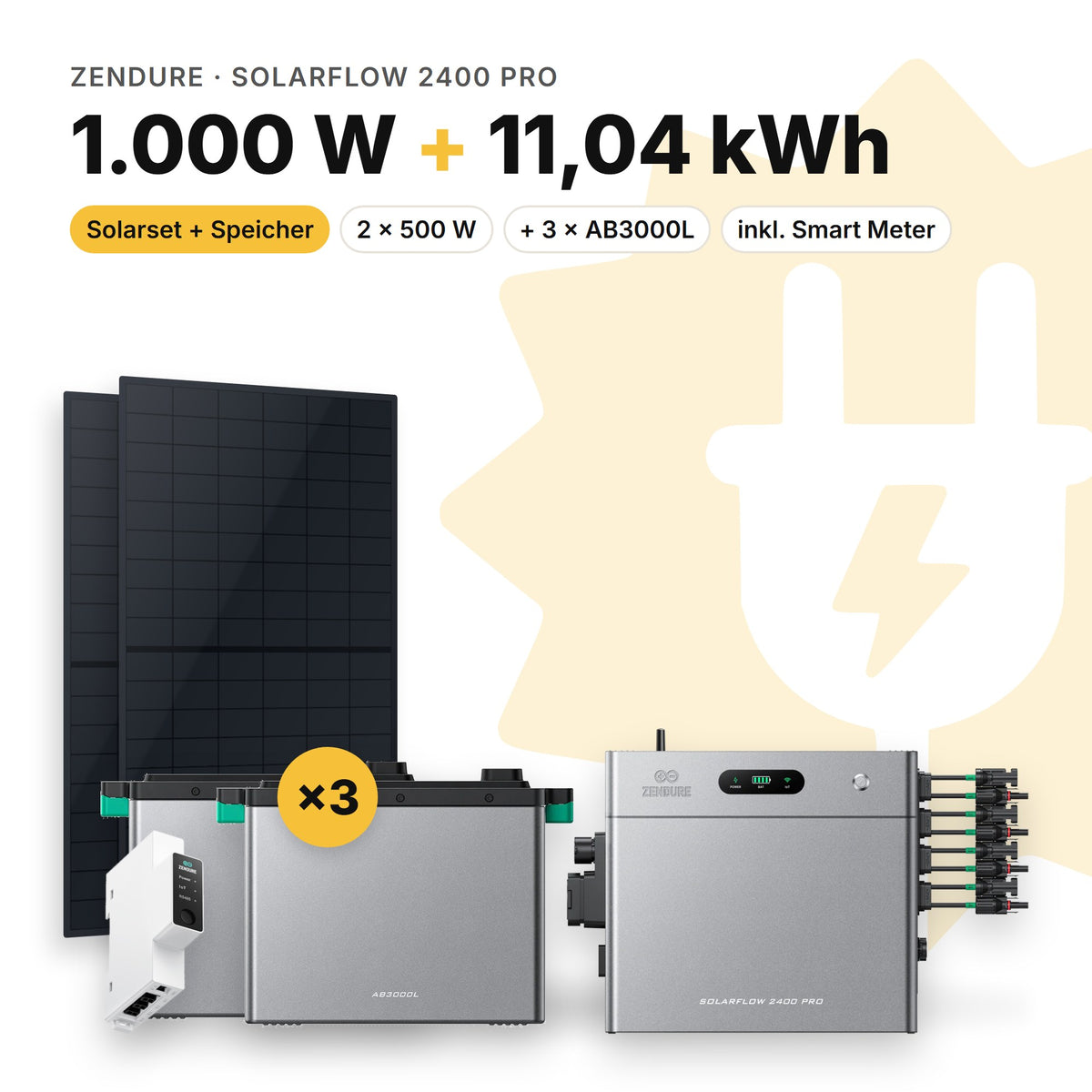 Balkonkraftwerk 1.000 W mit Speicher Zendure SolarFlow 2400 Pro und 3 × AB3000L, Smart Meter Zendure Smart Meter 1CT-S: 11,04 kWh (Symbolbild)