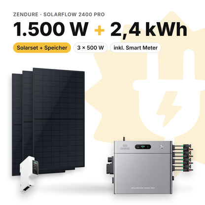 Balkonkraftwerk 1.500 W mit Speicher Zendure SolarFlow 2400 Pro, Smart Meter Zendure Smart Meter 1CT-S: 2,4 kWh (Symbolbild)