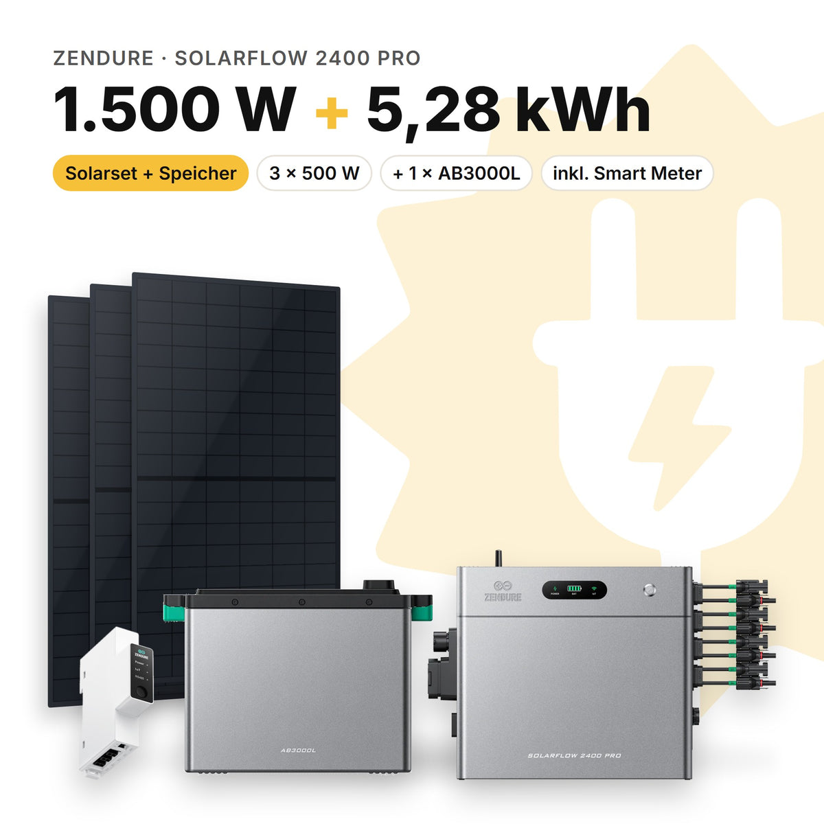 Balkonkraftwerk 1.500 W mit Speicher Zendure SolarFlow 2400 Pro und 1 × AB3000L, Smart Meter Zendure Smart Meter 1CT-S: 5,28 kWh (Symbolbild)