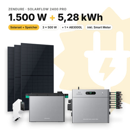 Balkonkraftwerk 1.500 W mit Speicher Zendure SolarFlow 2400 Pro und 1 × AB3000L, Smart Meter Zendure Smart Meter 1CT-S: 5,28 kWh (Symbolbild)