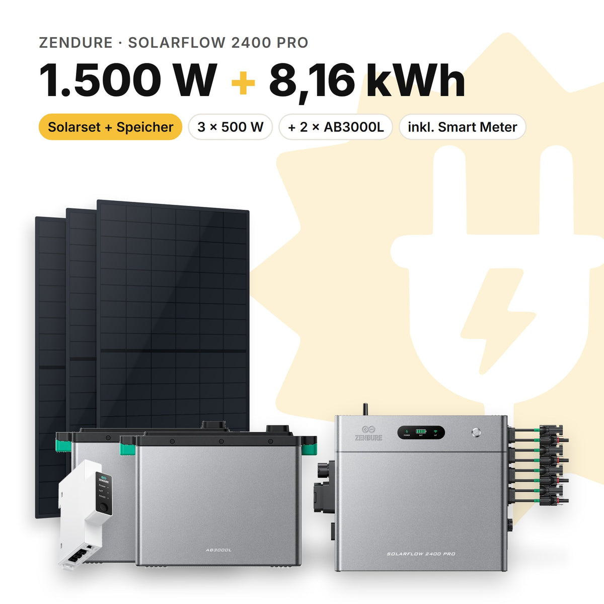 Balkonkraftwerk 1.500 W mit Speicher Zendure SolarFlow 2400 Pro und 2 × AB3000L, Smart Meter Zendure Smart Meter 1CT-S: 8,16 kWh (Symbolbild)
