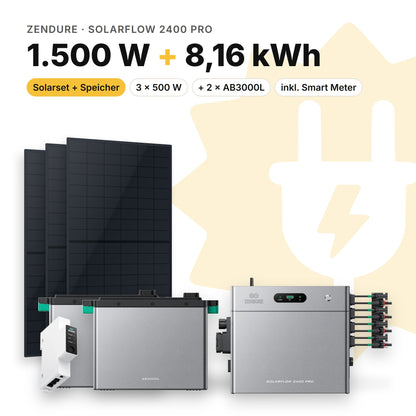 Balkonkraftwerk 1.500 W mit Speicher Zendure SolarFlow 2400 Pro und 2 × AB3000L, Smart Meter Zendure Smart Meter 1CT-S: 8,16 kWh (Symbolbild)