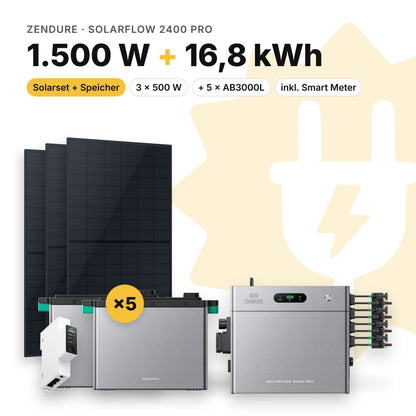Balkonkraftwerk 1.500 W mit Speicher Zendure SolarFlow 2400 Pro und 5 × AB3000L, Smart Meter Zendure Smart Meter 1CT-S: 16,8 kWh (Symbolbild)