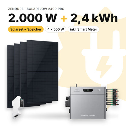 Balkonkraftwerk 2.000 W mit Speicher Zendure SolarFlow 2400 Pro, Smart Meter Zendure Smart Meter 1CT-S: 2,4 kWh (Symbolbild)