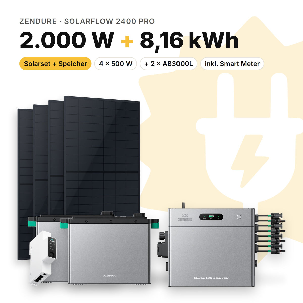 Balkonkraftwerk 2.000 W mit Speicher Zendure SolarFlow 2400 Pro und 2 × AB3000L, Smart Meter Zendure Smart Meter 1CT-S: 8,16 kWh (Symbolbild)