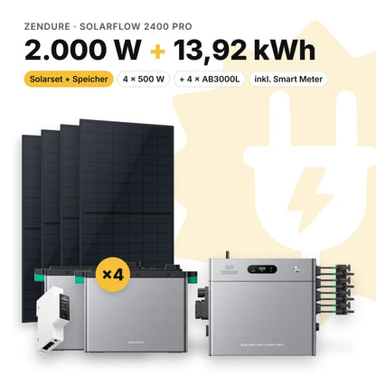 Balkonkraftwerk 2.000 W mit Speicher Zendure SolarFlow 2400 Pro und 4 × AB3000L, Smart Meter Zendure Smart Meter 1CT-S: 13,92 kWh (Symbolbild)