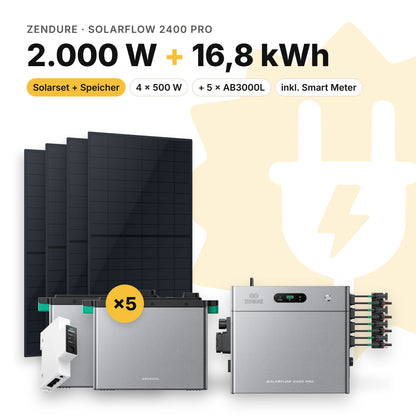Balkonkraftwerk 2.000 W mit Speicher Zendure SolarFlow 2400 Pro und 5 × AB3000L, Smart Meter Zendure Smart Meter 1CT-S: 16,8 kWh (Symbolbild)