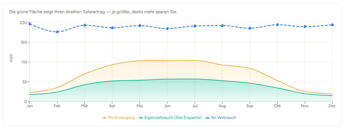 Monatlicher Ertrag und Eigenverbrauch aus einer Beispielrechnung